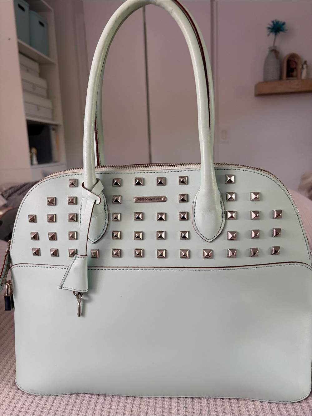 Rebecca Minkoff All Leather Mint Studded Dome Satchel Handbag